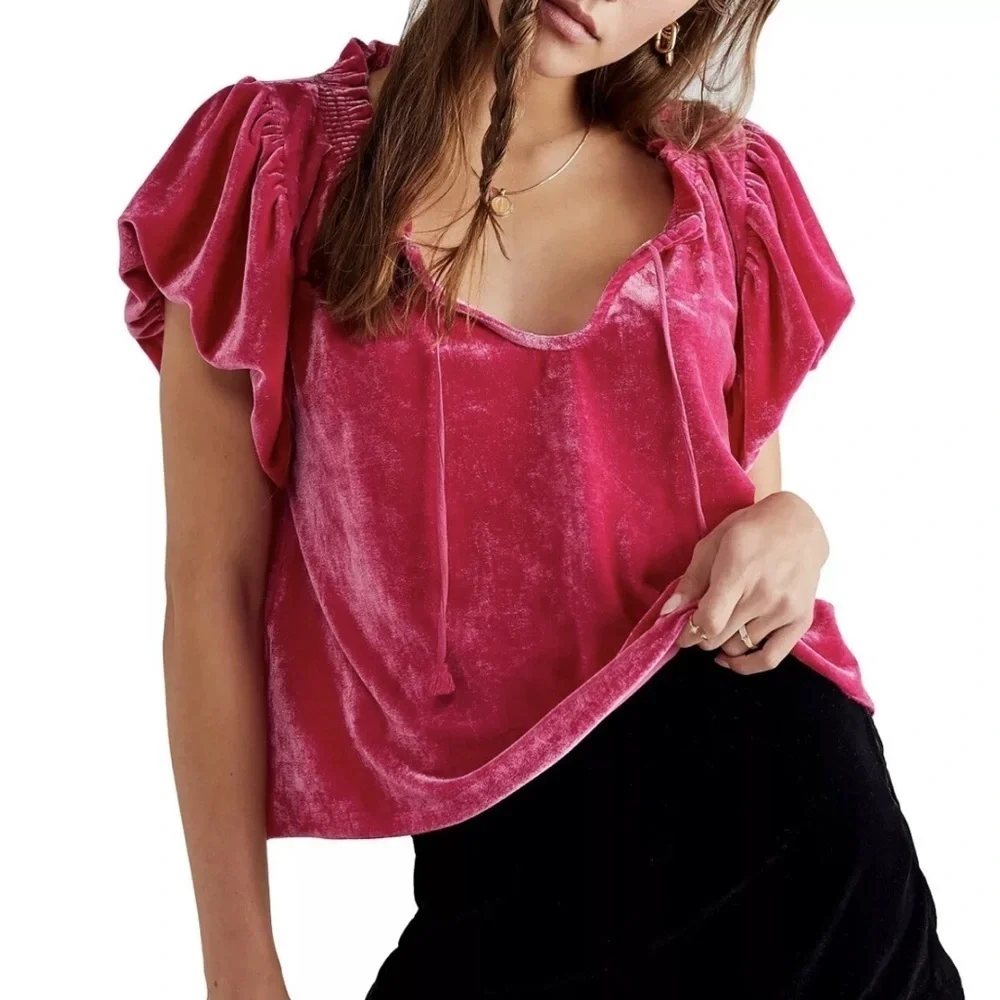 Free People Terese Velvet Ruffle Sleeve Top